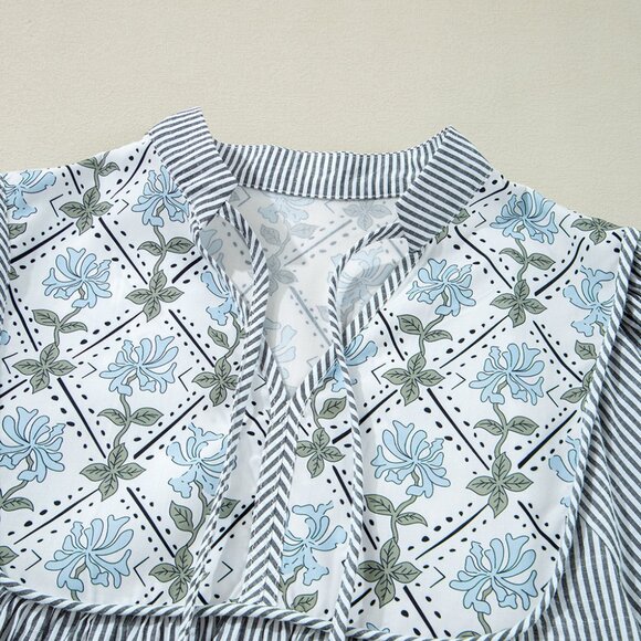 B264 Black Stripe Floral Patchwork Tied V Neck Shift Long Sleeve Mini Dress - Picture 9 of 14